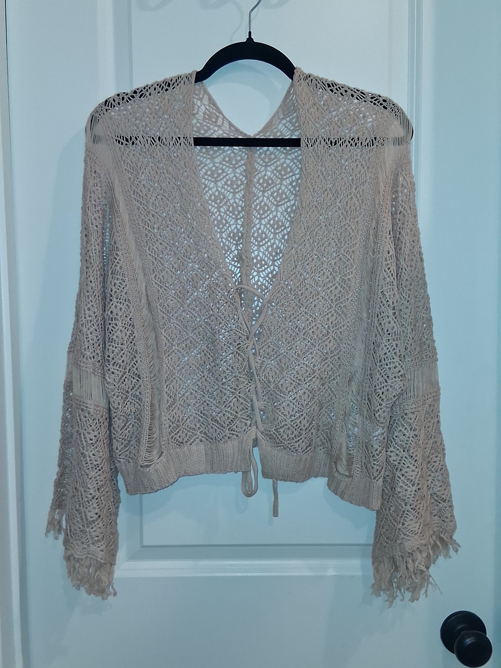 Openwork Tie-Front Crochet Shrug Cardigan - Beige